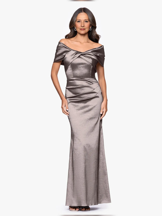 Taupe floor-length mother of the bride dress, front view showing the mermaid silhouette