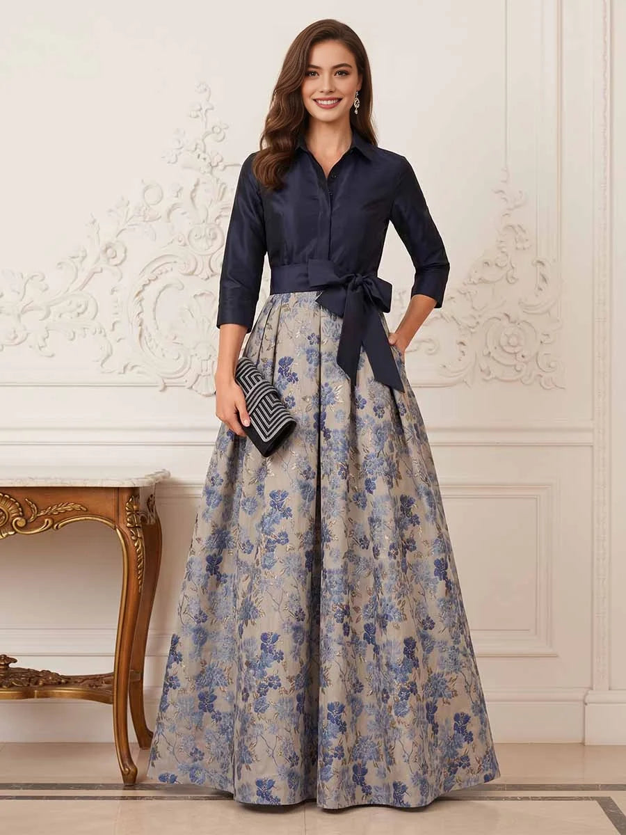 Navy Blue floor-length mother of the bride dress, front view showing the a-line silhouette
