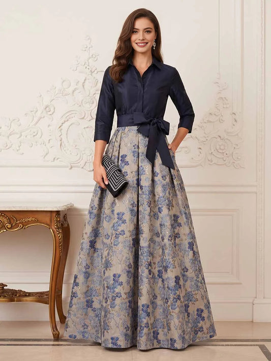 Navy Blue floor-length mother of the bride dress, front view showing the a-line silhouette