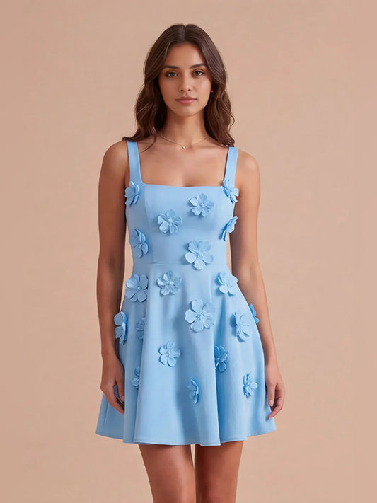 Blue mini homecoming dress, alternate view showing the full-length silhouette