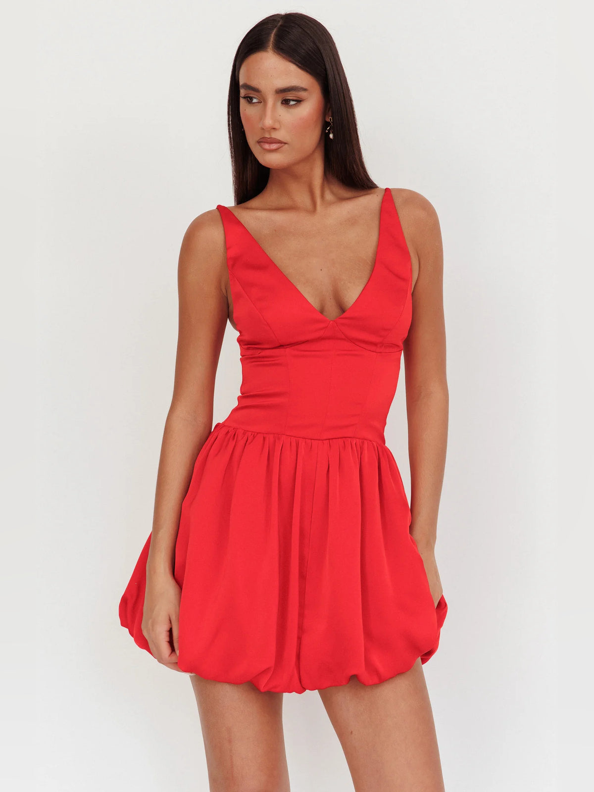 Red mini homecoming dress, front view showing the silhouette