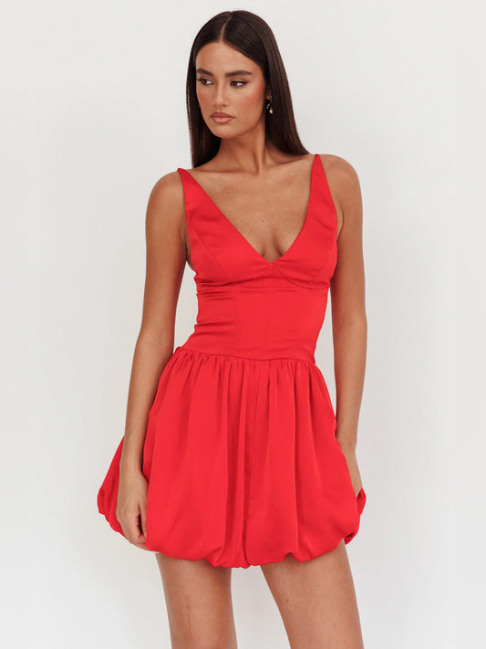Red mini homecoming dress, front view showing the silhouette