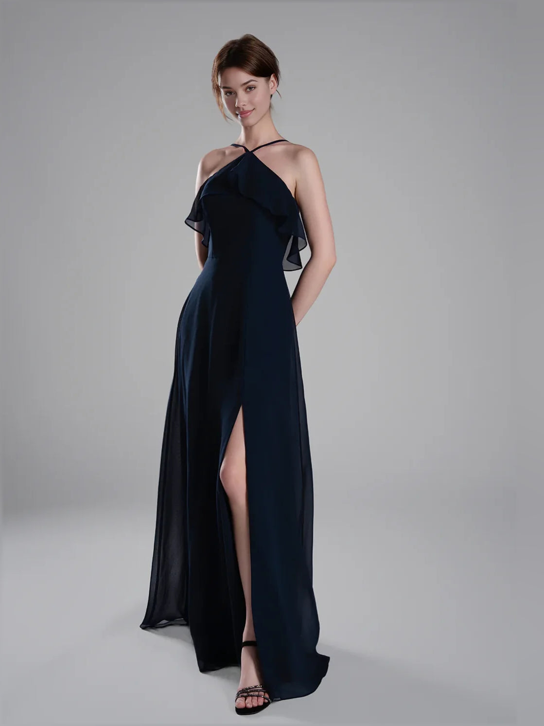 Dark Navy floor-length bridesmaid dress, front view showing the a-line silhouette