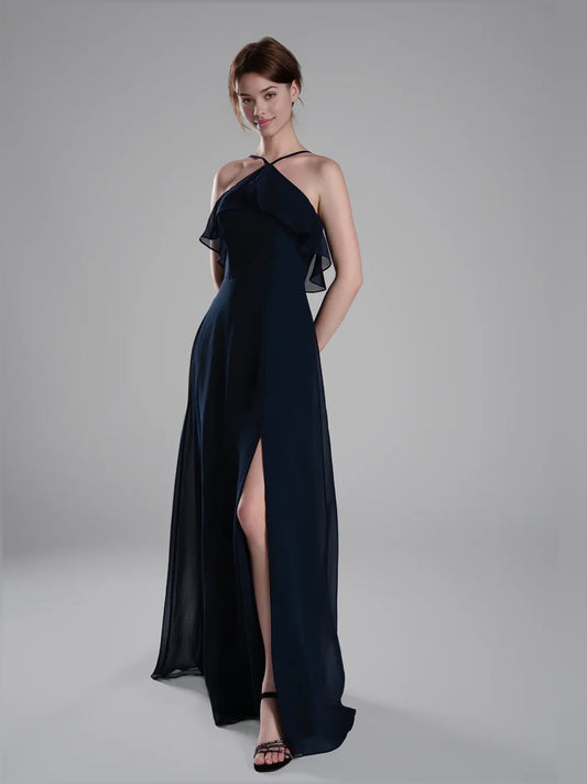 Dark Navy floor-length bridesmaid dress, front view showing the a-line silhouette