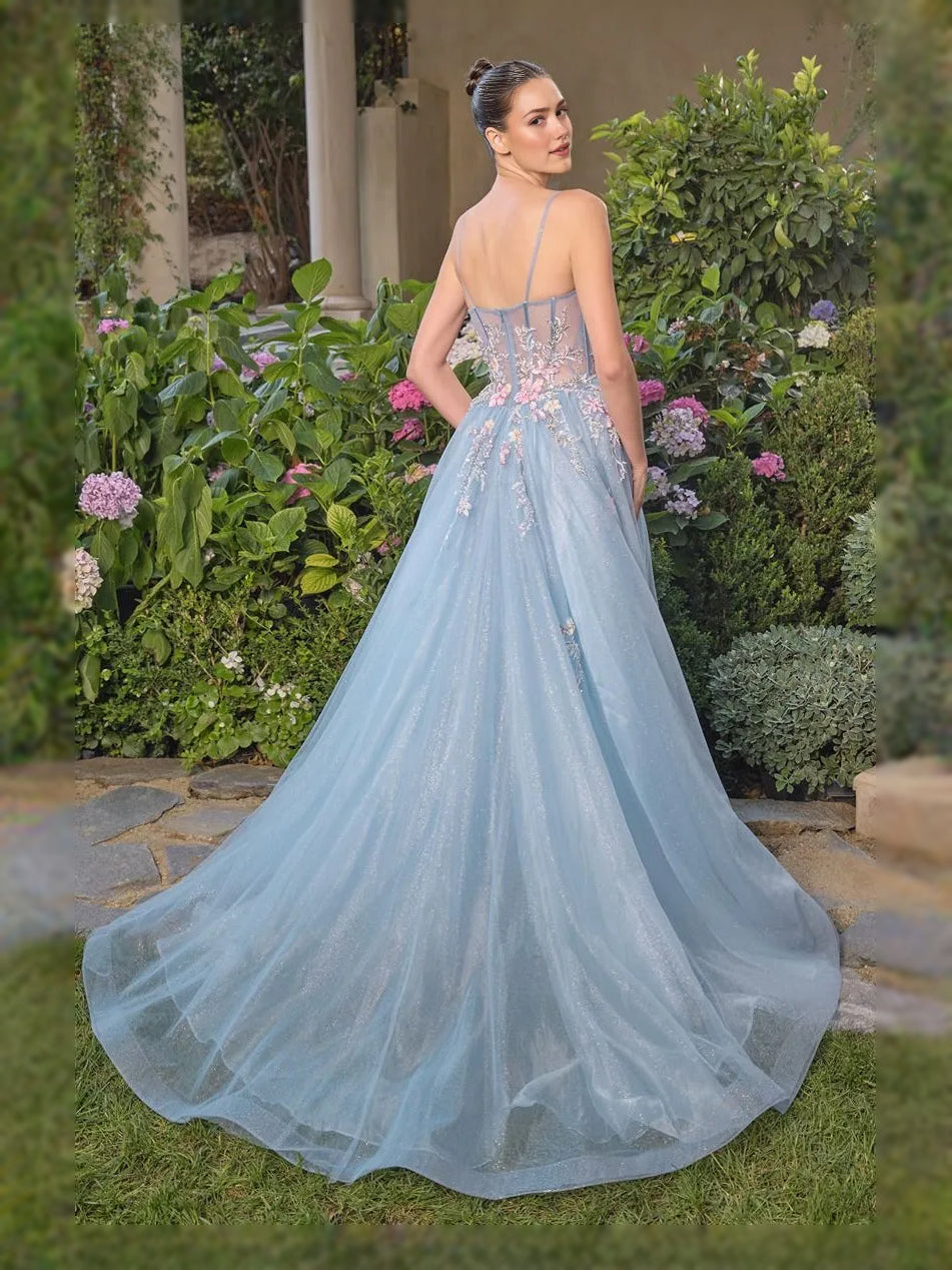 Powder Blue floor-length prom dress, front view showing the a-line silhouette