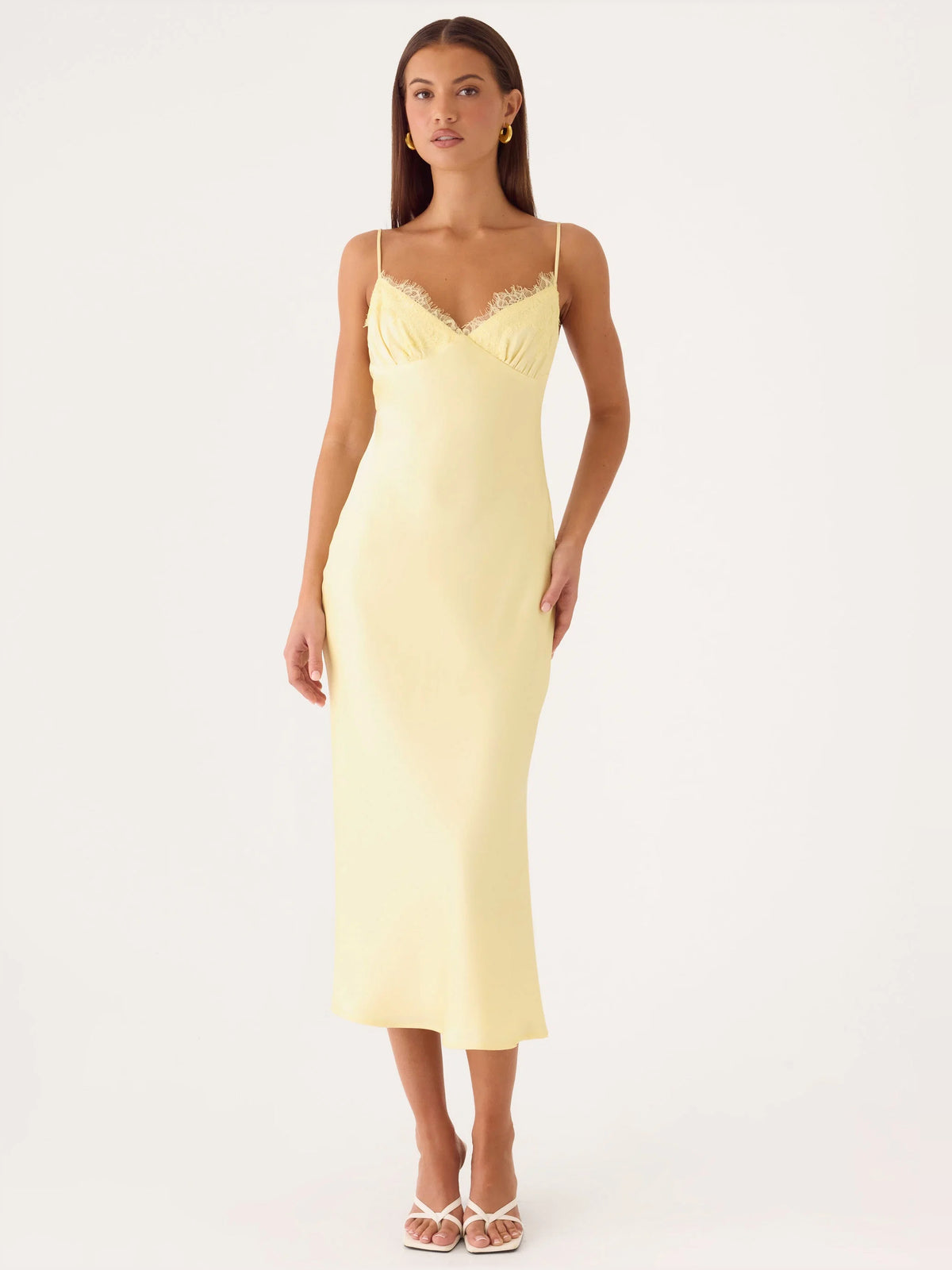Yellow midi formal dress, full-length front view