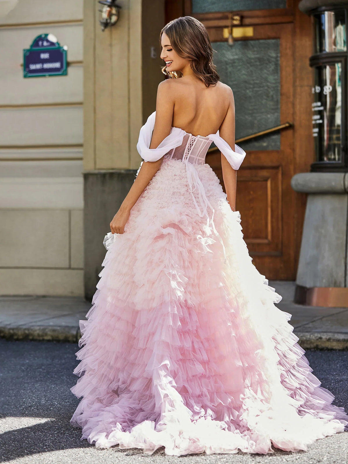Dusty Blue floor-length prom dress, front view showing the a-line silhouette