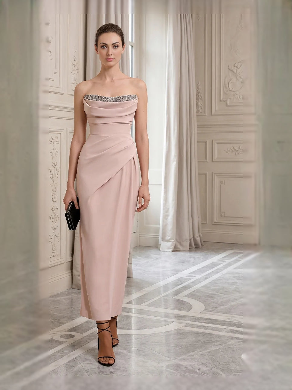 Dusty Rose midi mother of the bride dress, front view showing the sheath silhouette