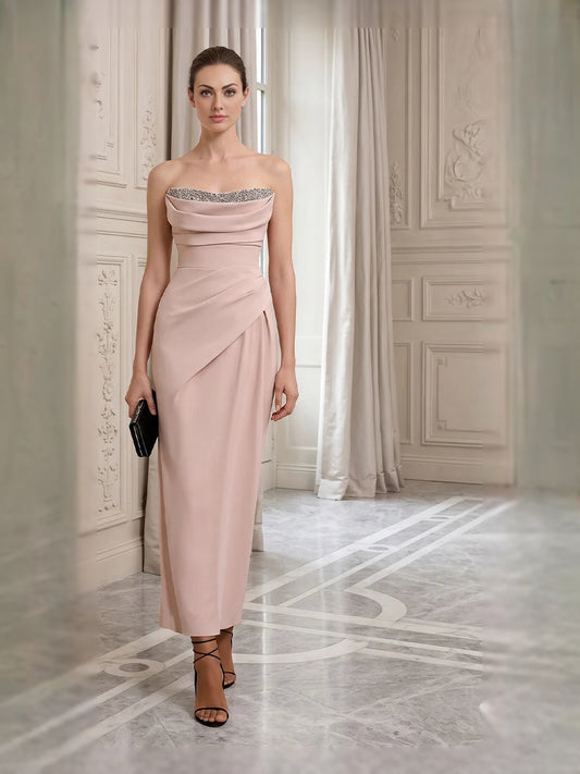 Dusty Rose midi mother of the bride dress, front view showing the sheath silhouette