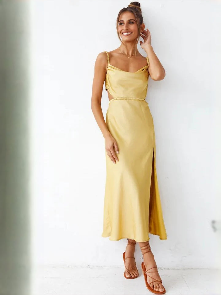 Yellow midi formal dress with cutout detail, full-length front view