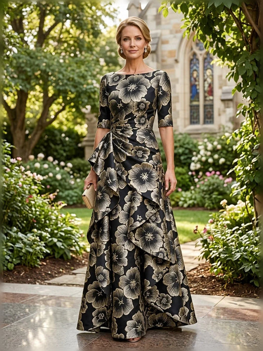 Black floor-length mother of the bride dress, front view showing the a-line silhouette