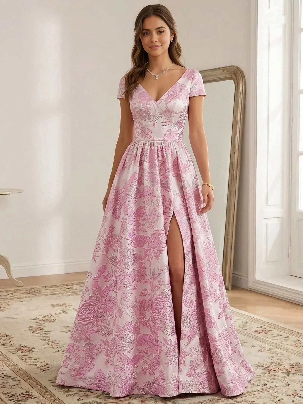 Pink maxi prom dress, front view showing the a-line silhouette