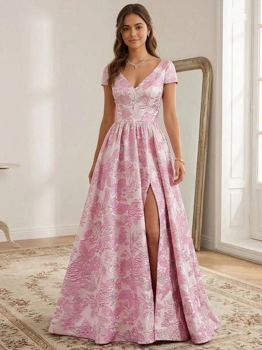 Pink maxi prom dress, front view showing the a-line silhouette