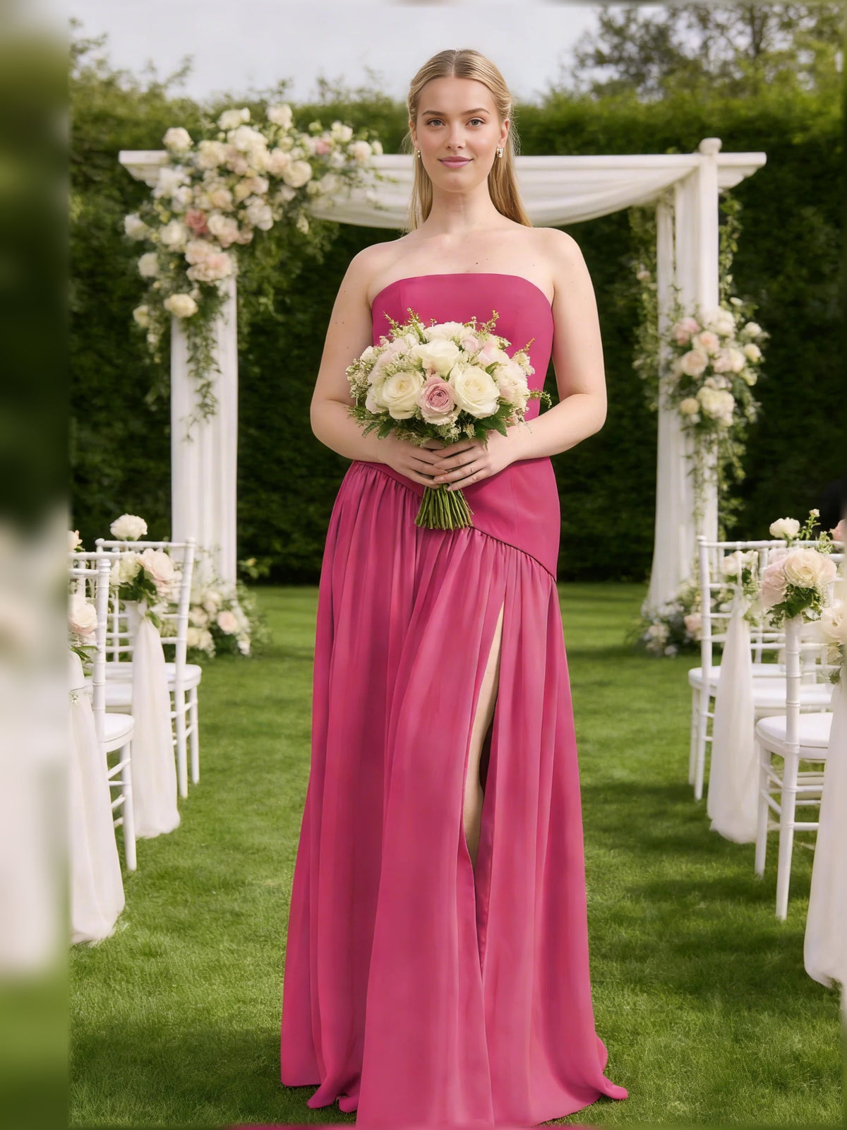 Hot Pink maxi bridesmaid dress, front view showing the a-line silhouette
