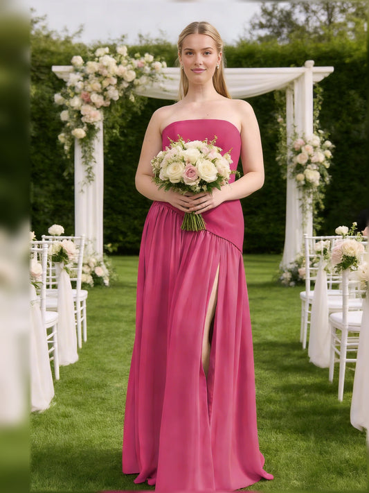 Hot Pink maxi bridesmaid dress, front view showing the a-line silhouette
