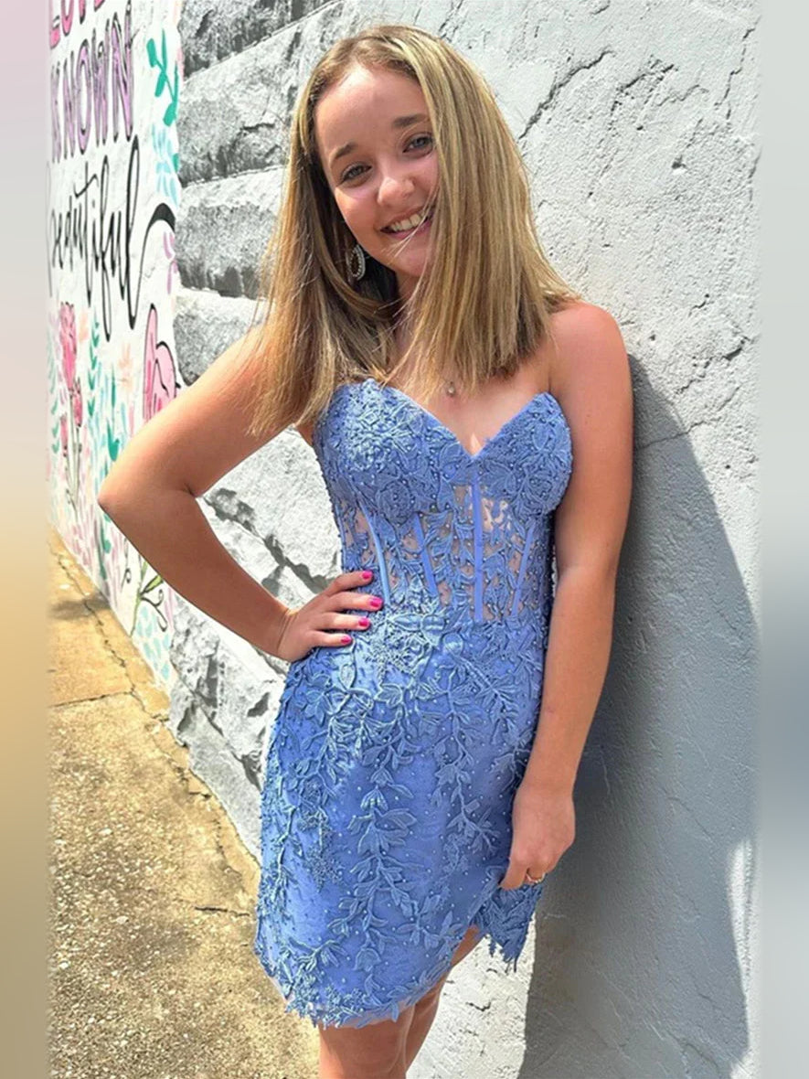 Blue mini homecoming dress, alternate view showing the full-length silhouette