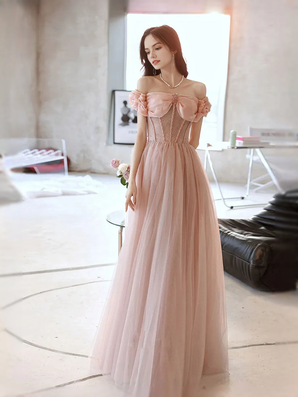 Light Pink floor-length prom dress, front view showing the a-line silhouette