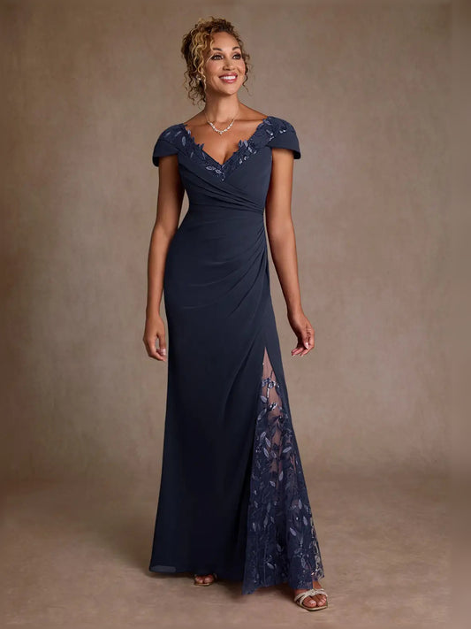 Dark Navy maxi mother of the bride dress, front view showing the a-line silhouette