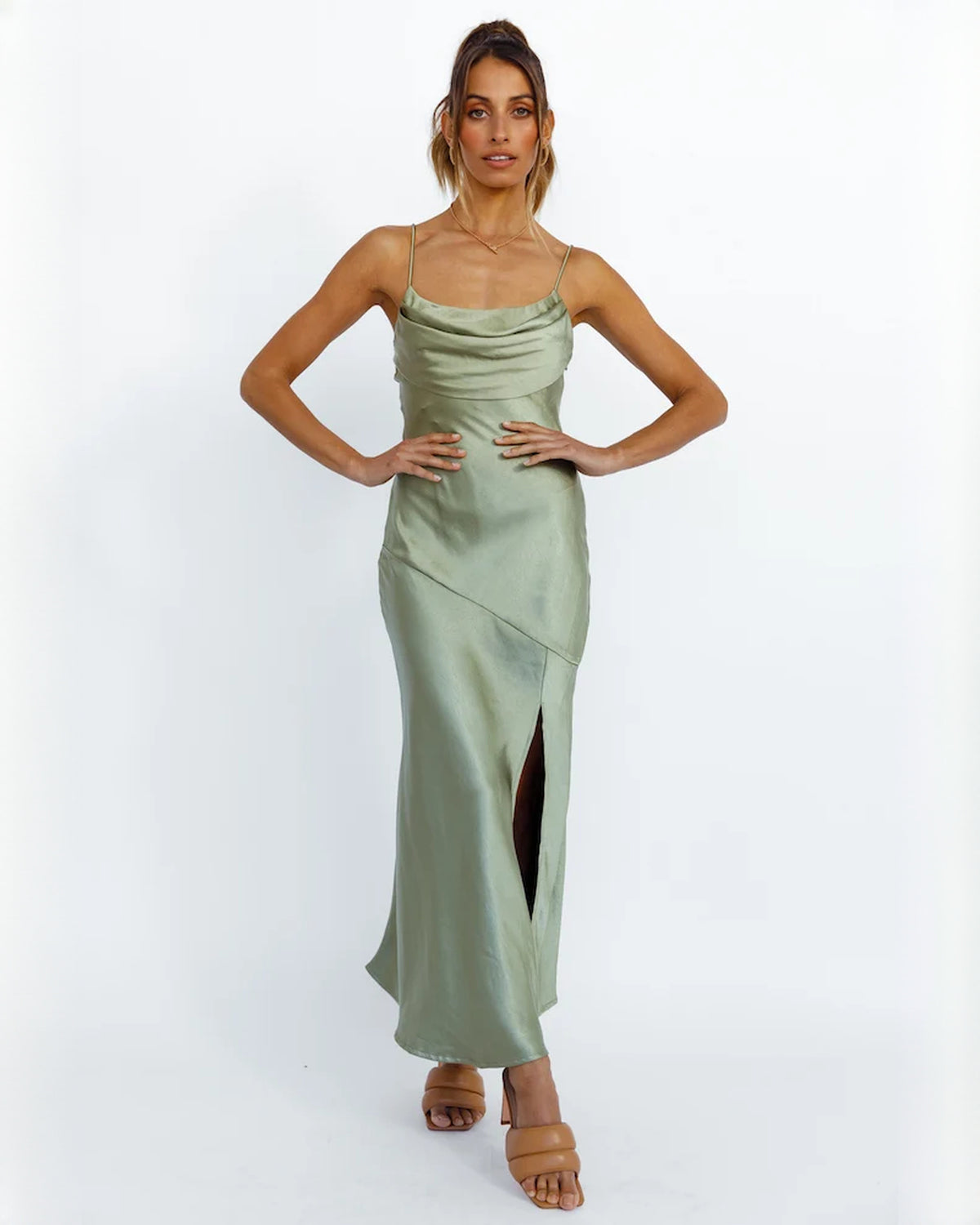 sleeveless satin a-line maxi bridesmaid dress - image 1
