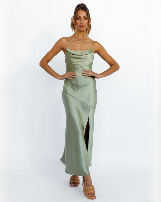 sleeveless satin a-line maxi bridesmaid dress - image 1
