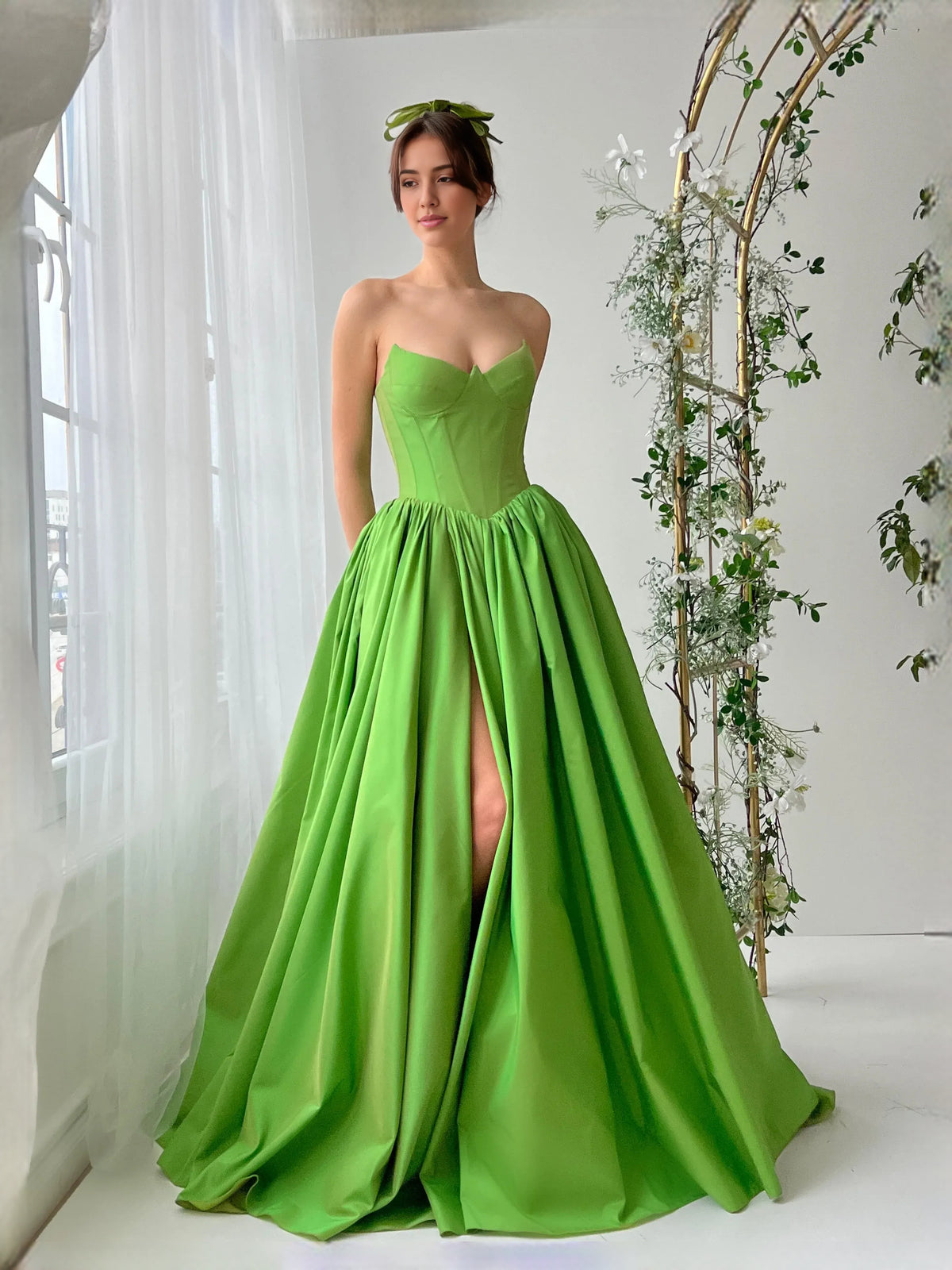 Lime Green floor-length prom dress, front view showing the a-line silhouette