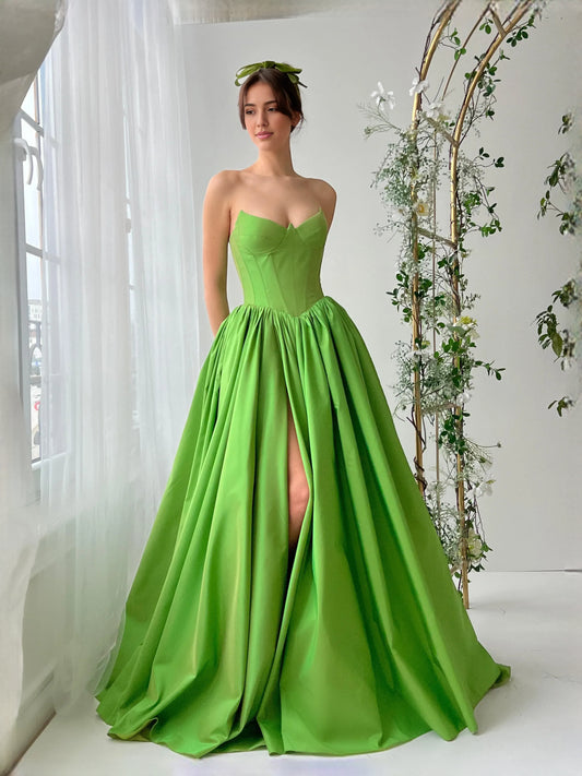 Lime Green floor-length prom dress, front view showing the a-line silhouette