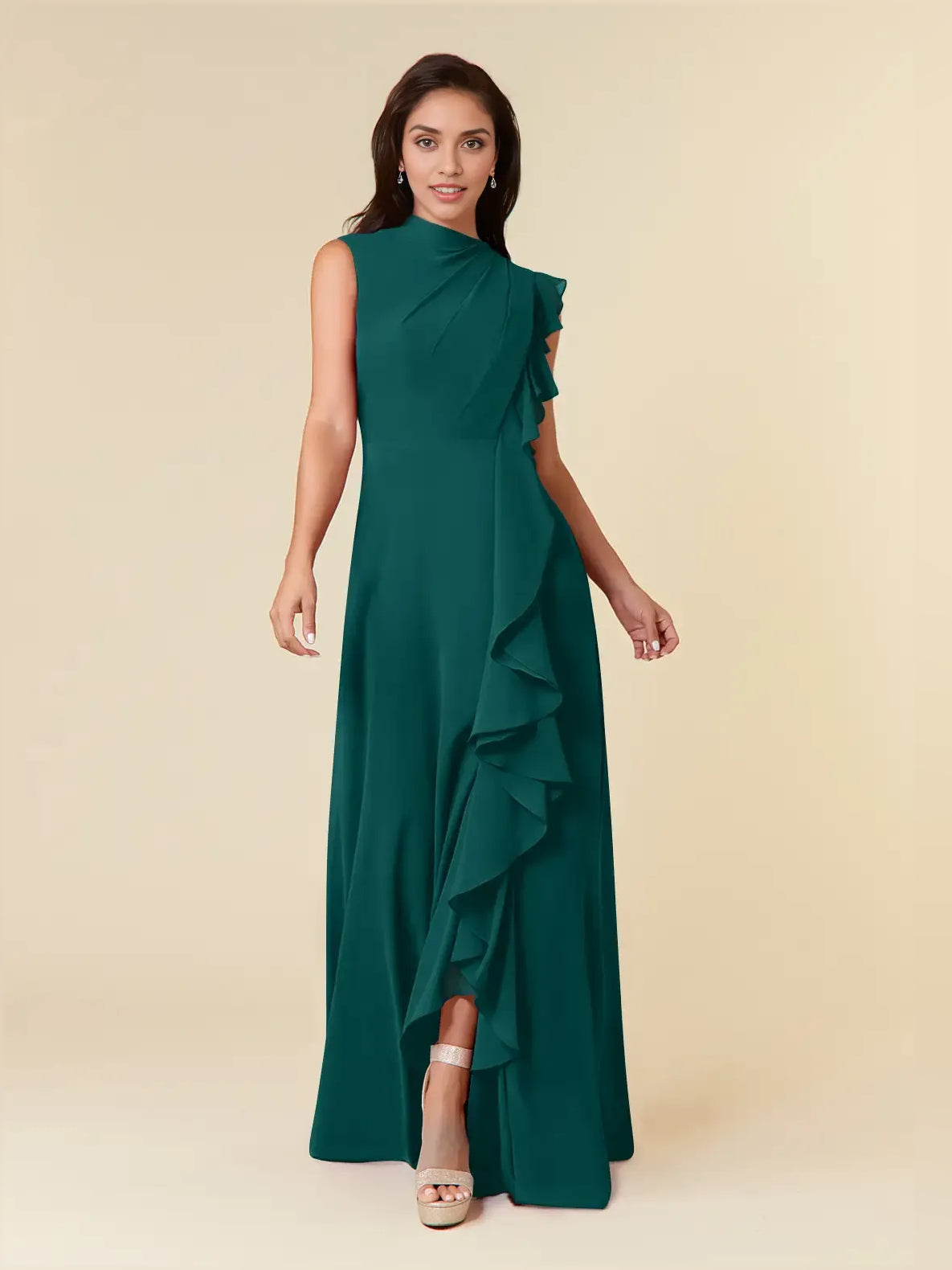 Peacock maxi bridesmaid dress, front view showing the a-line silhouette