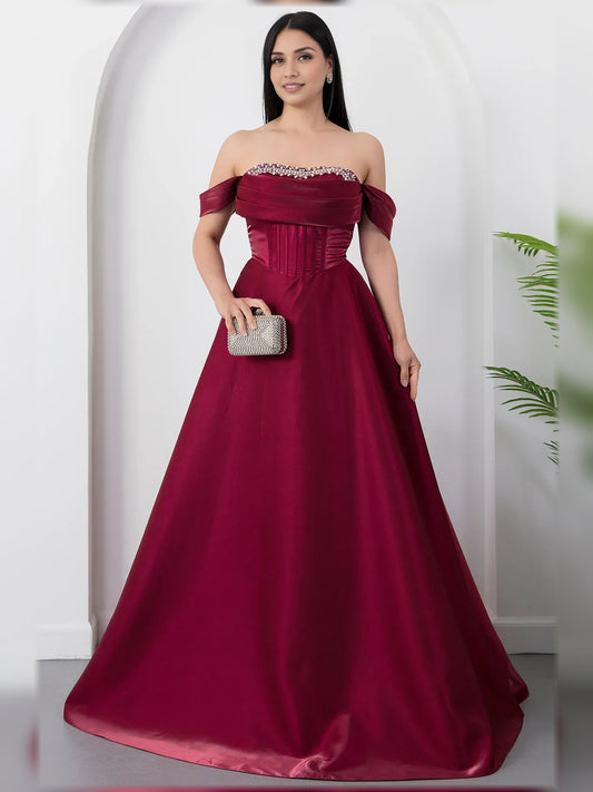 Deep Red a-line floor-length formal dress with off-the-shoulder neckline, full-length front view