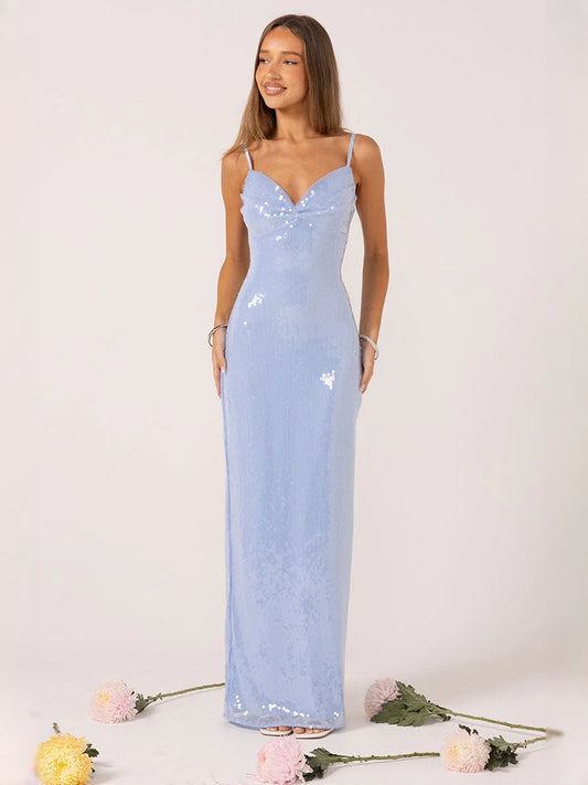Light Blue maxi bridesmaid dress, front view showing the sheath silhouette