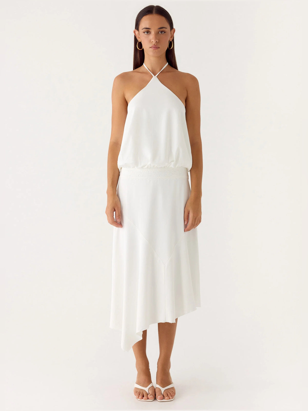 White midi formal dress, full-length front view