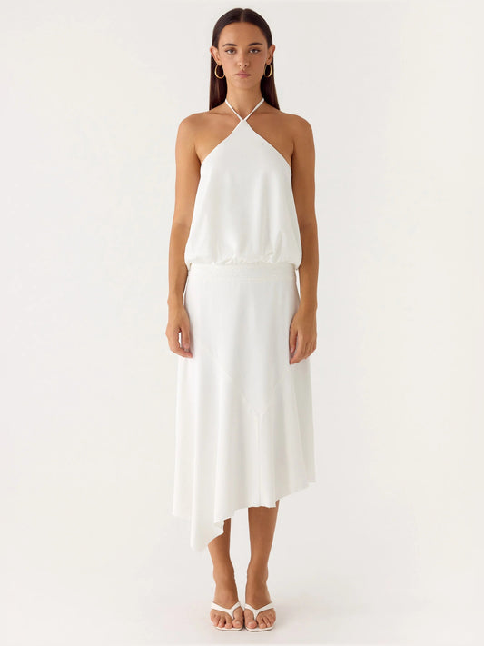 White midi formal dress, full-length front view