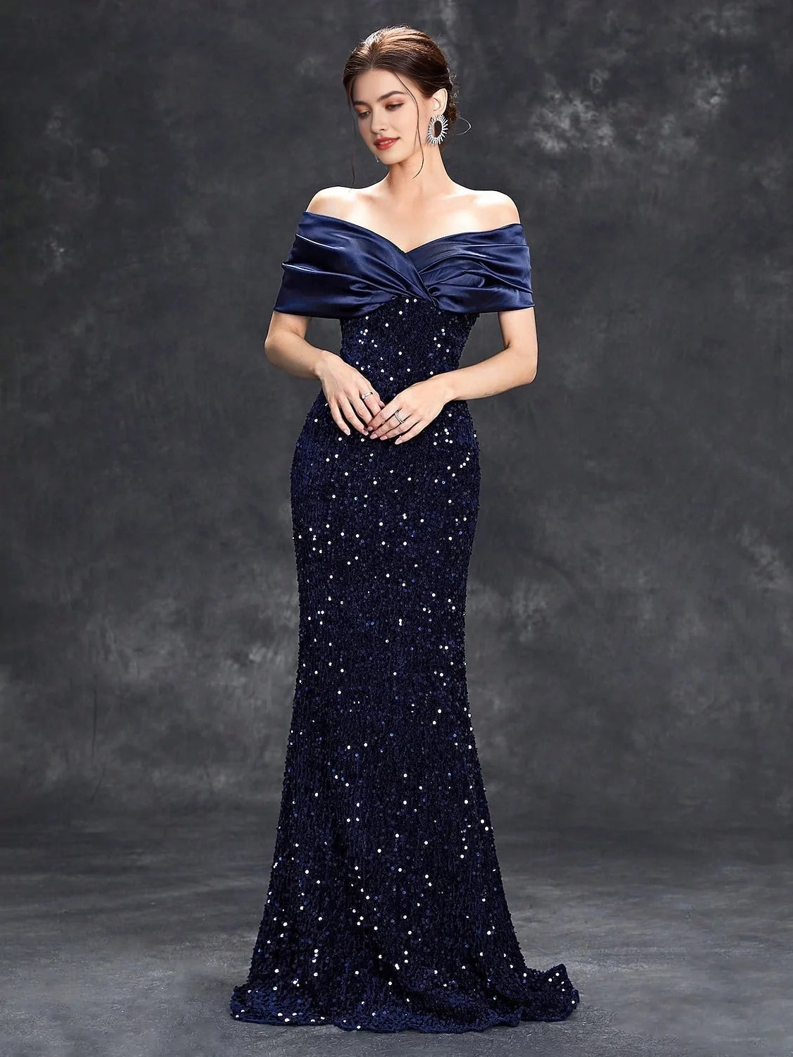 Dark Navy floor-length prom dress, front view showing the mermaid silhouette