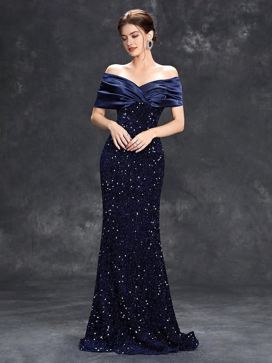 Dark Navy floor-length prom dress, front view showing the mermaid silhouette