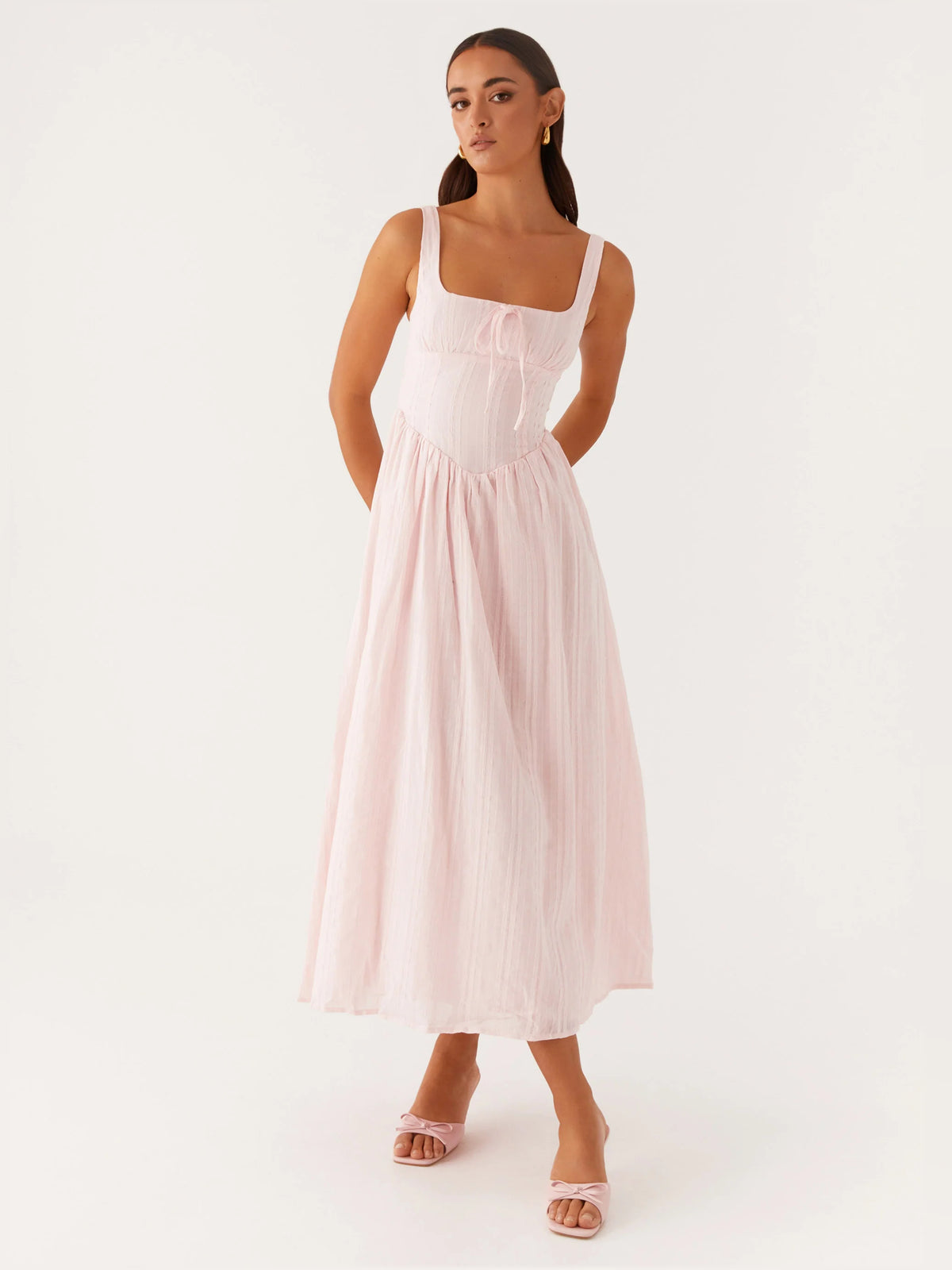 Pink midi formal dress, full-length front view