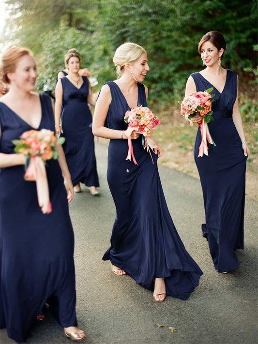 Dark Navy floor-length bridesmaid dress, front view showing the a-line silhouette
