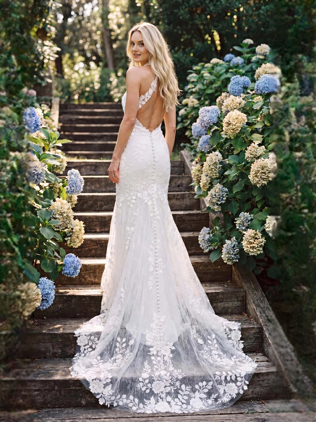 Ivory floor-length wedding dress, front view showing the mermaid silhouette