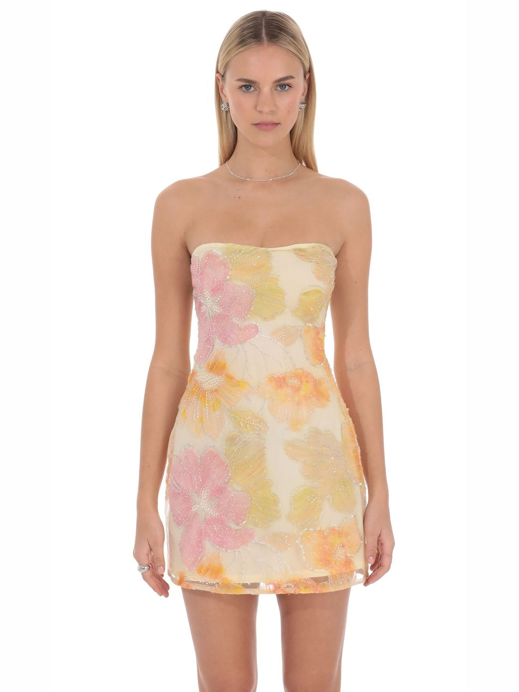 Cream mini homecoming dress, front view showing the silhouette