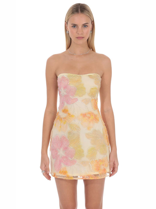 Cream mini homecoming dress, front view showing the silhouette