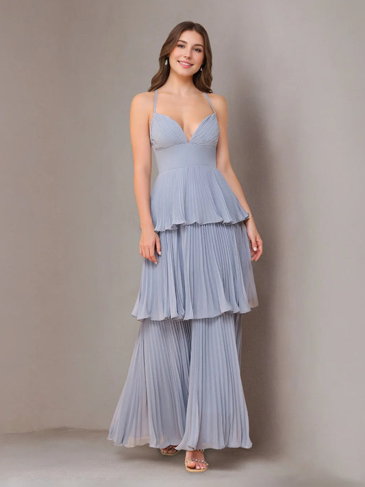 Dusty Blue maxi bridesmaid dress, front view showing the a-line silhouette