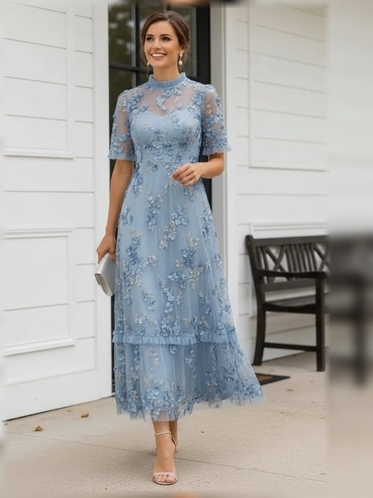 Steel Blue ankle-length mother of the bride dress, front view showing the a-line silhouette