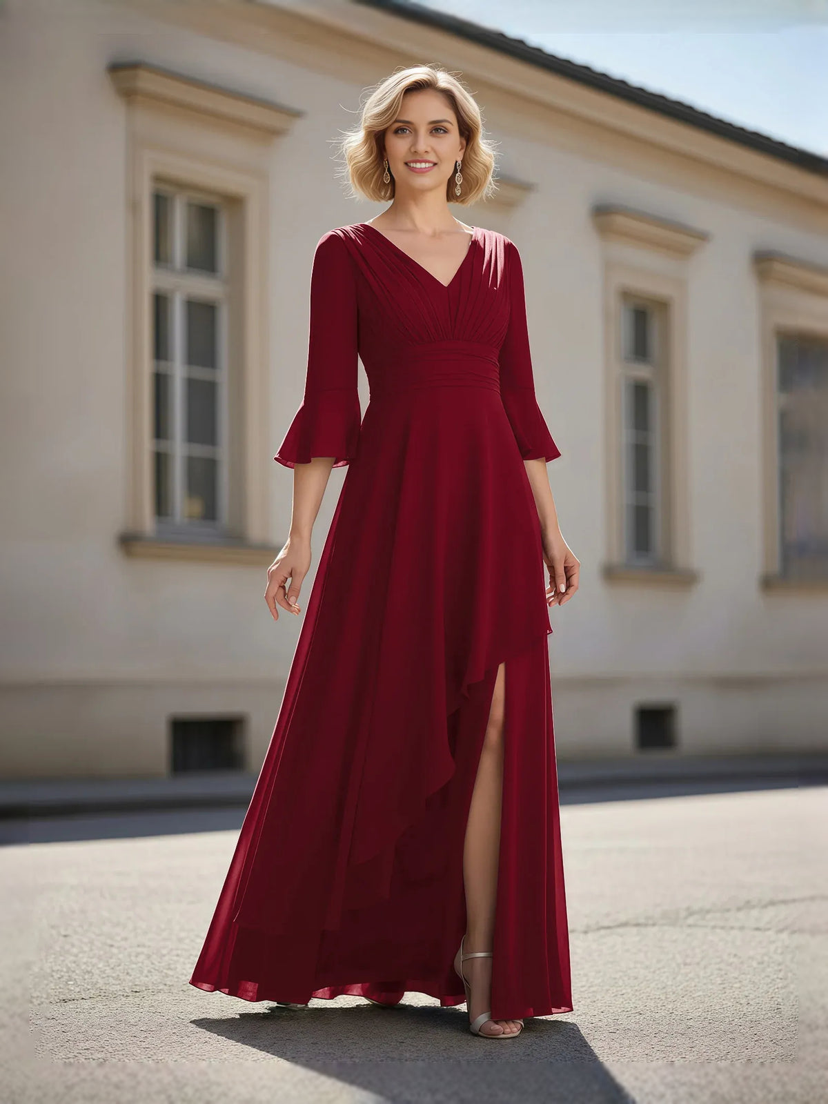 Burgundy floor-length mother of the bride dress, front view showing the a-line silhouette