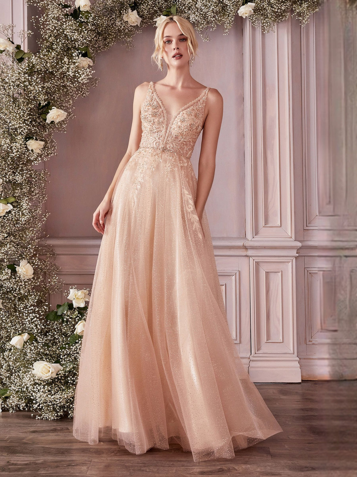 Champagne floor-length bridesmaid dress, front view showing the a-line silhouette