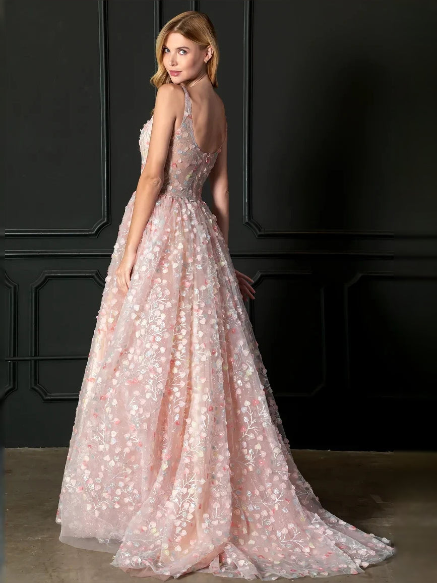 Blush Pink floor-length prom dress, front view showing the a-line silhouette