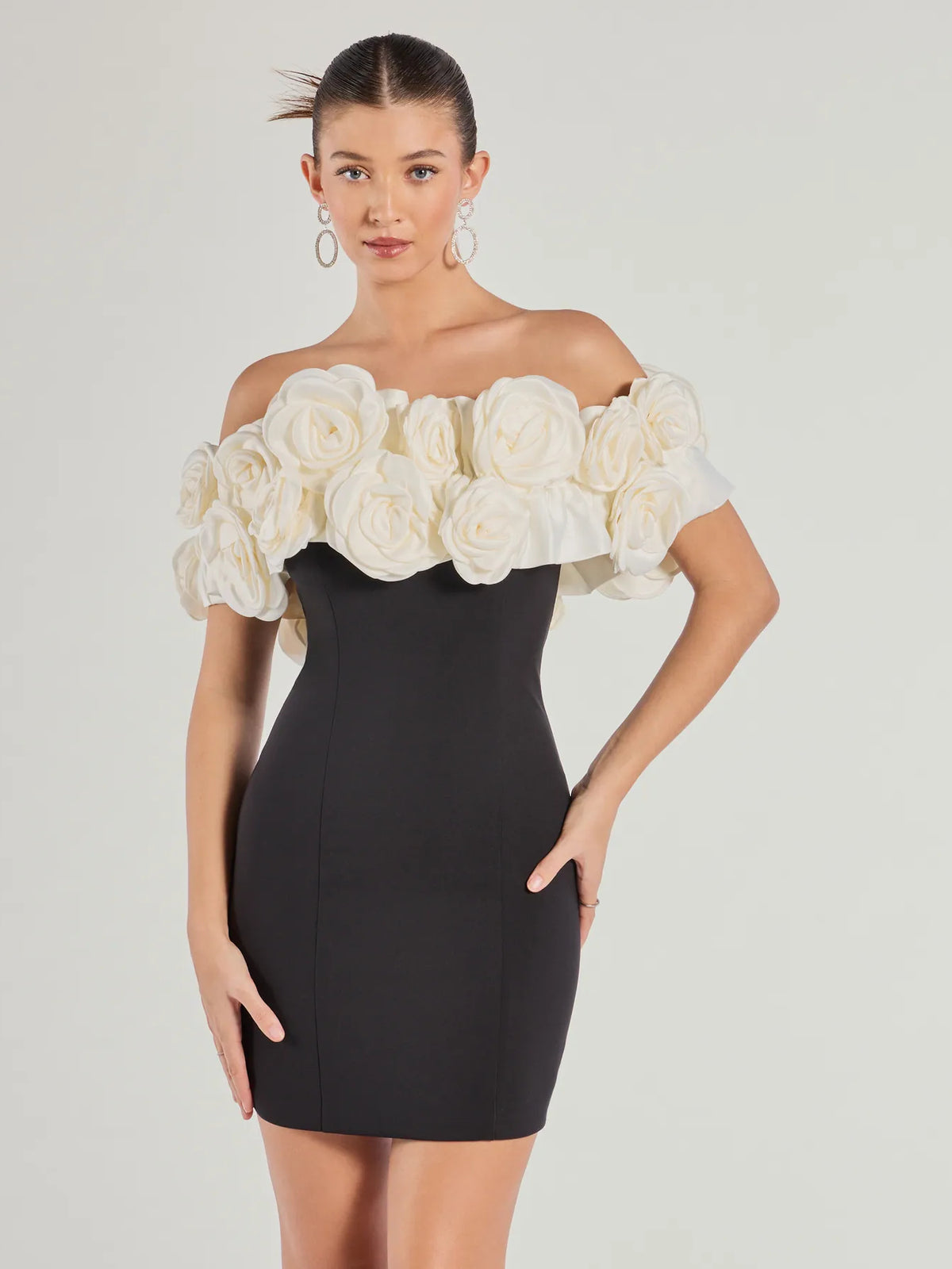 Floral mini homecoming dress, front view showing the silhouette