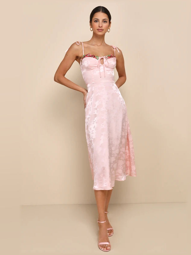 Light Pink midi formal dress with embroidery, full-length front view