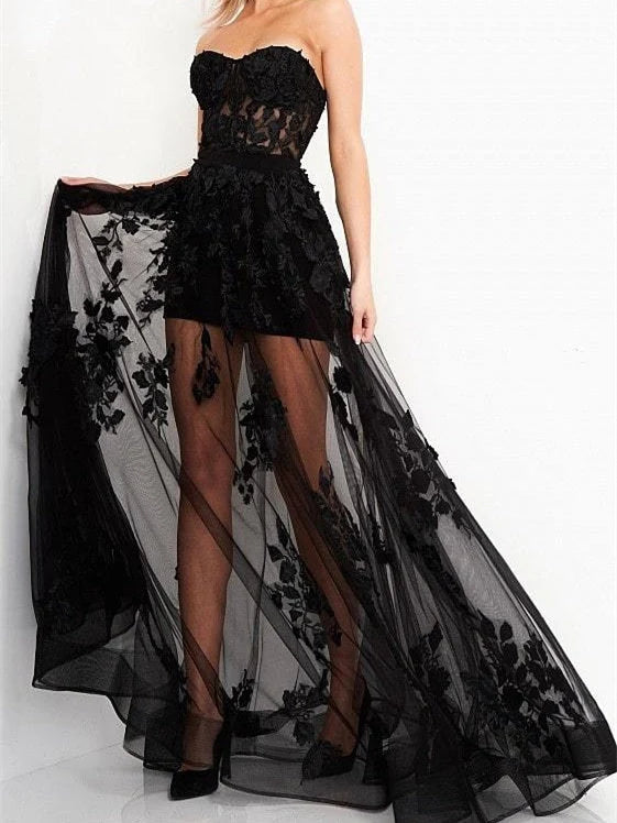 Black floor-length prom dress, front view showing the a-line silhouette