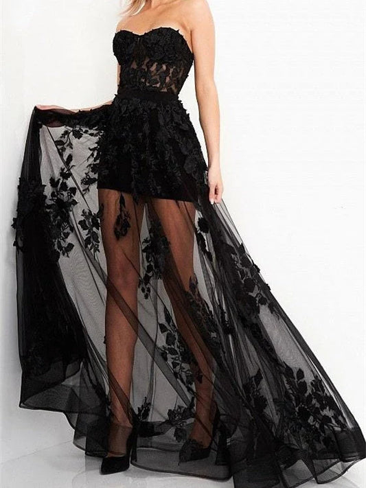 Black floor-length prom dress, front view showing the a-line silhouette