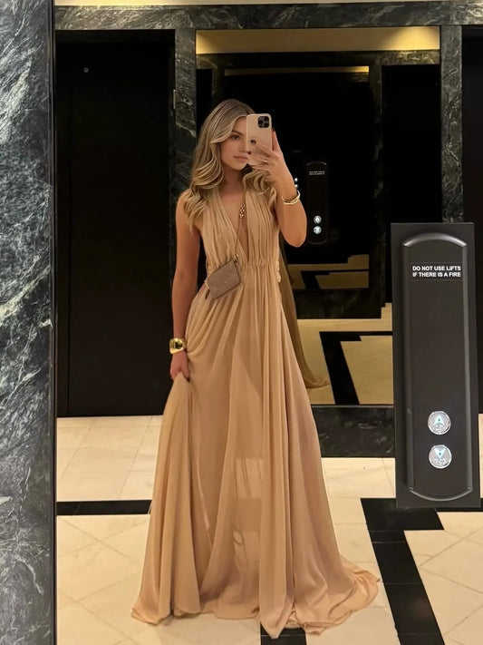 Champagne sheath floor-length formal dress with V-neckline, full-length front view