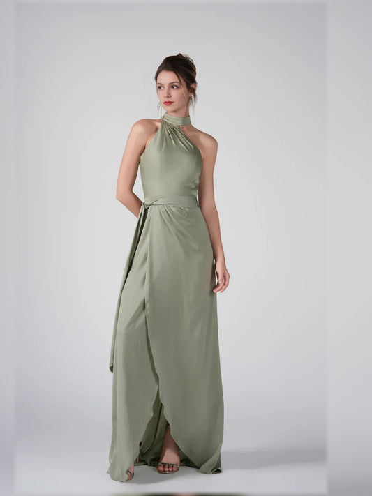 Dusty Sage a-line floor-length formal dress with halter neckline, full-length front view