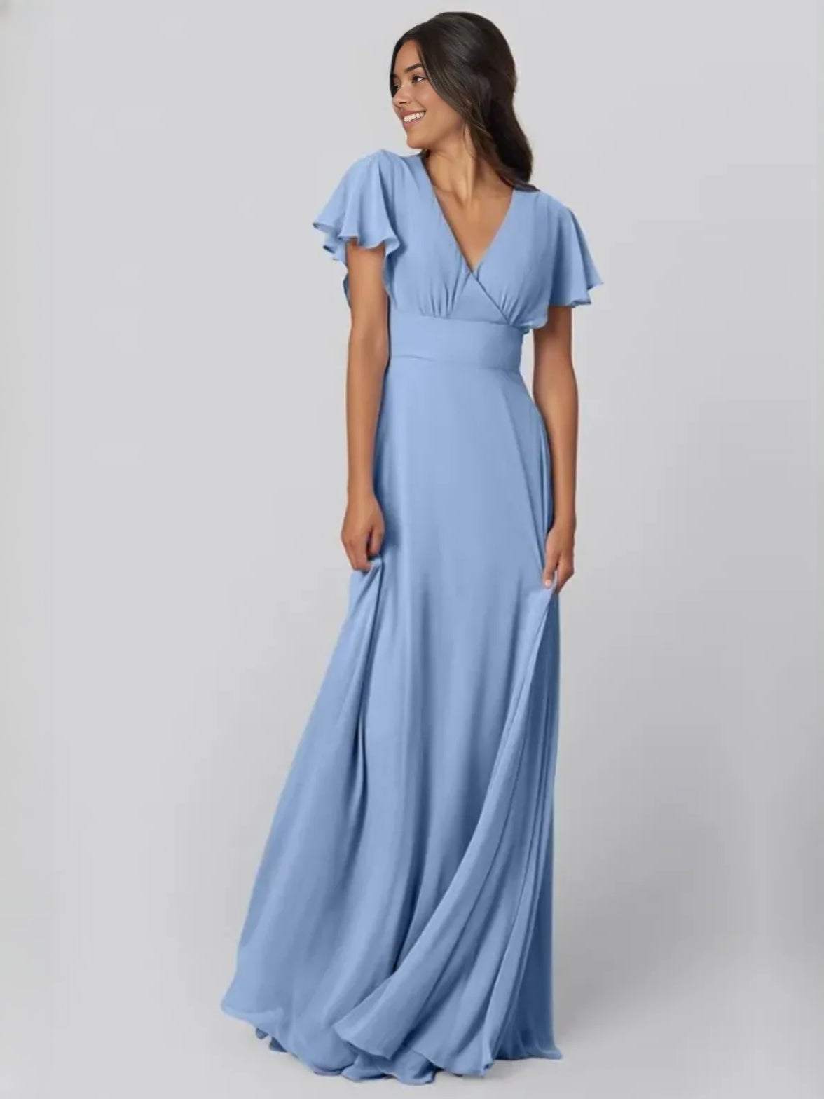 Steel Blue floor-length bridesmaid dress, front view showing the a-line silhouette